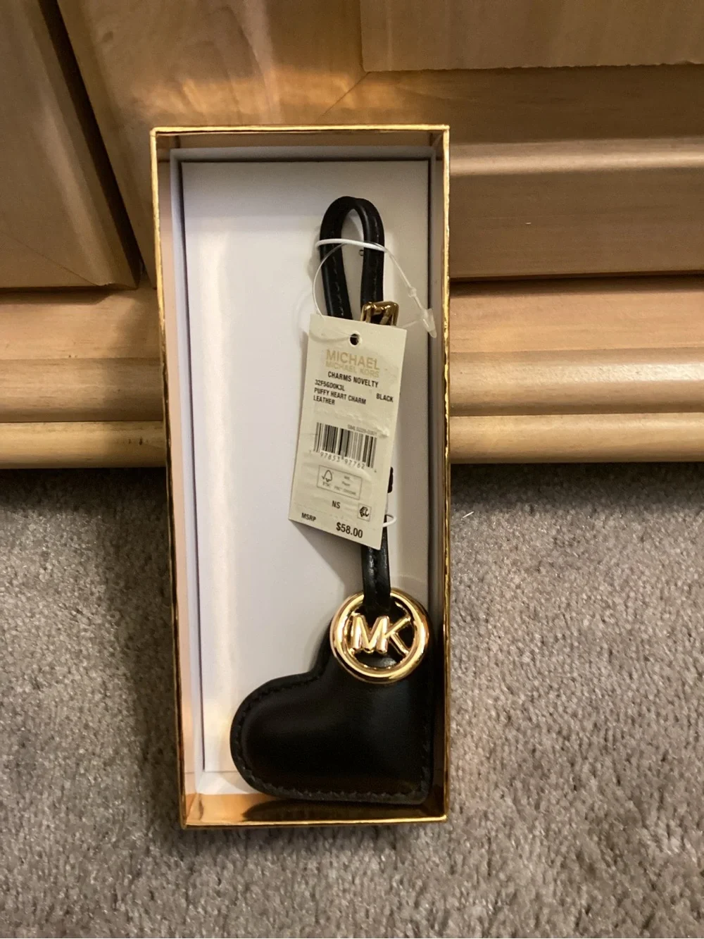 Michael Kors Black Leather Heart Charm with Gold MK Badge